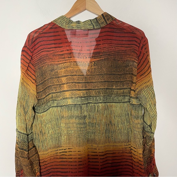 Chico's Design Sheer Long Sleeve Blouse Tunic Rayon Burnt Orange Tribal Print - Picture 15 of 16